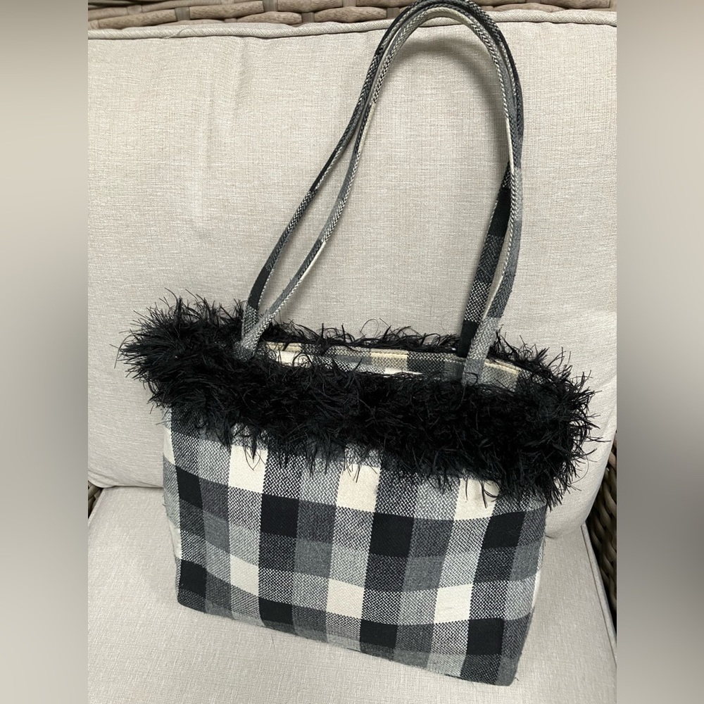 Jacqueline Ferrar Wool Blend Black/White plaid w/ added black knit “fur” trim.